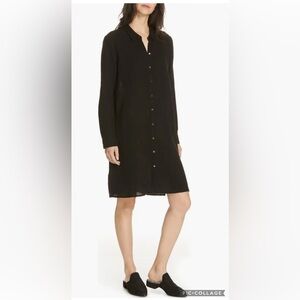 Eileen Fisher Organic Cotton Wrinkled Gauzy Mandarin Collar Shirt Dress Size PL